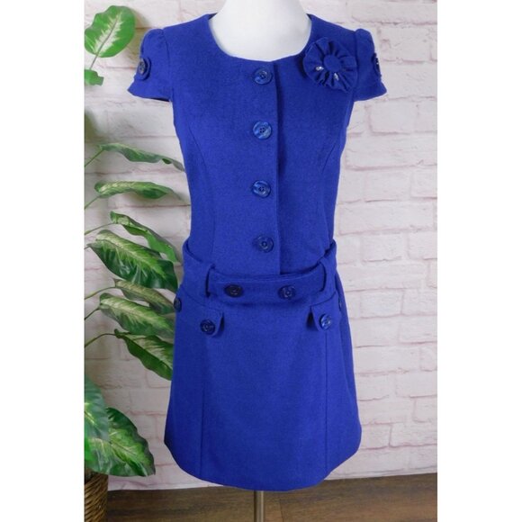 Vesade NY Size 4 Royal Blue Wool Blend Dress - Chic Mod Button Details - Picture 1 of 11